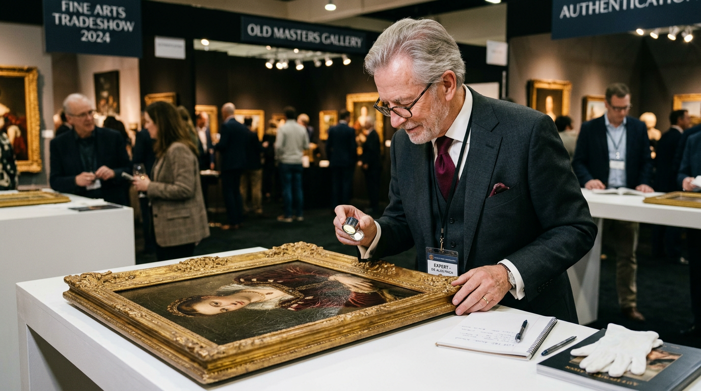 Art specialist examining a gilt-framed painting with a magnifying glass at a fine arts show
