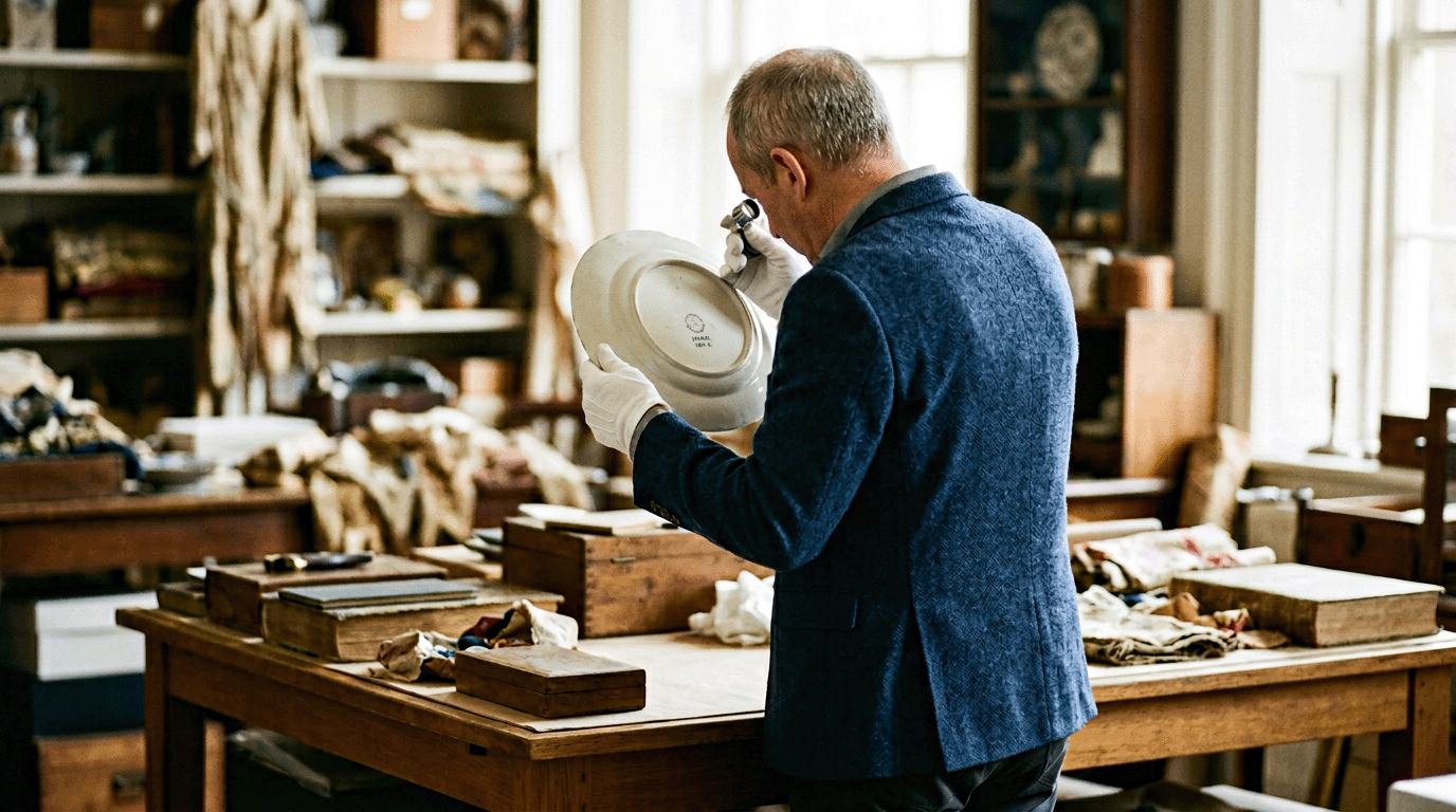 Specialist examining the bottom of a ceramic piece for maker marks in a workshop