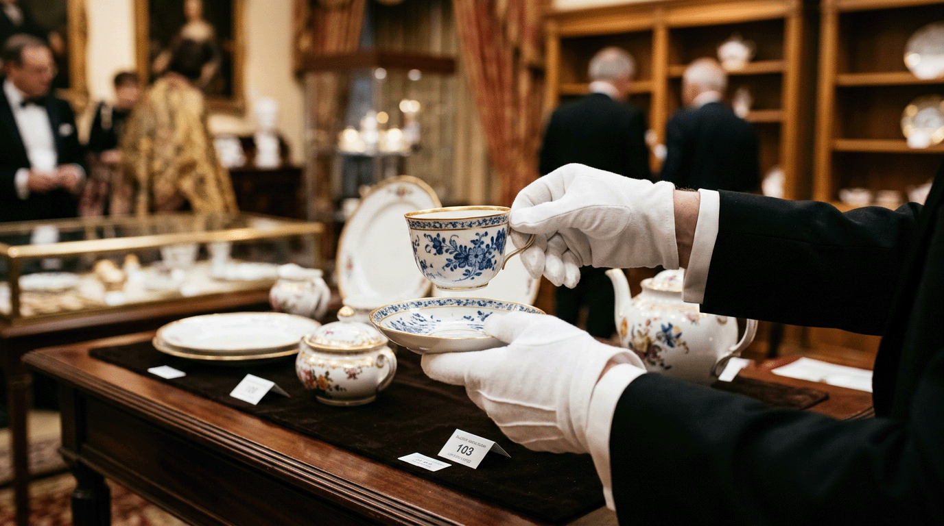 Specialist in white gloves examining inherited porcelain at an auction house