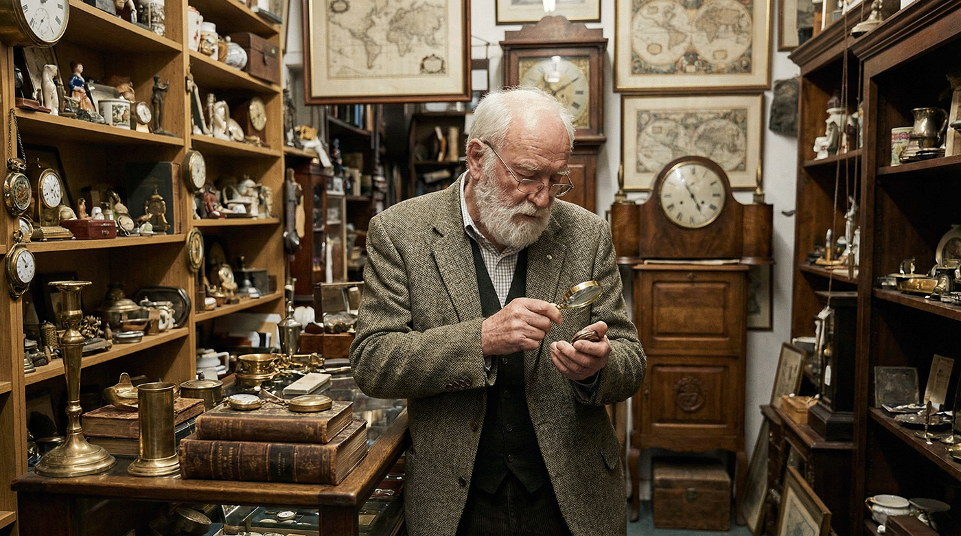 Antique dealer examining a small collectible with a magnifying glass surrounded by clocks and decorative objects