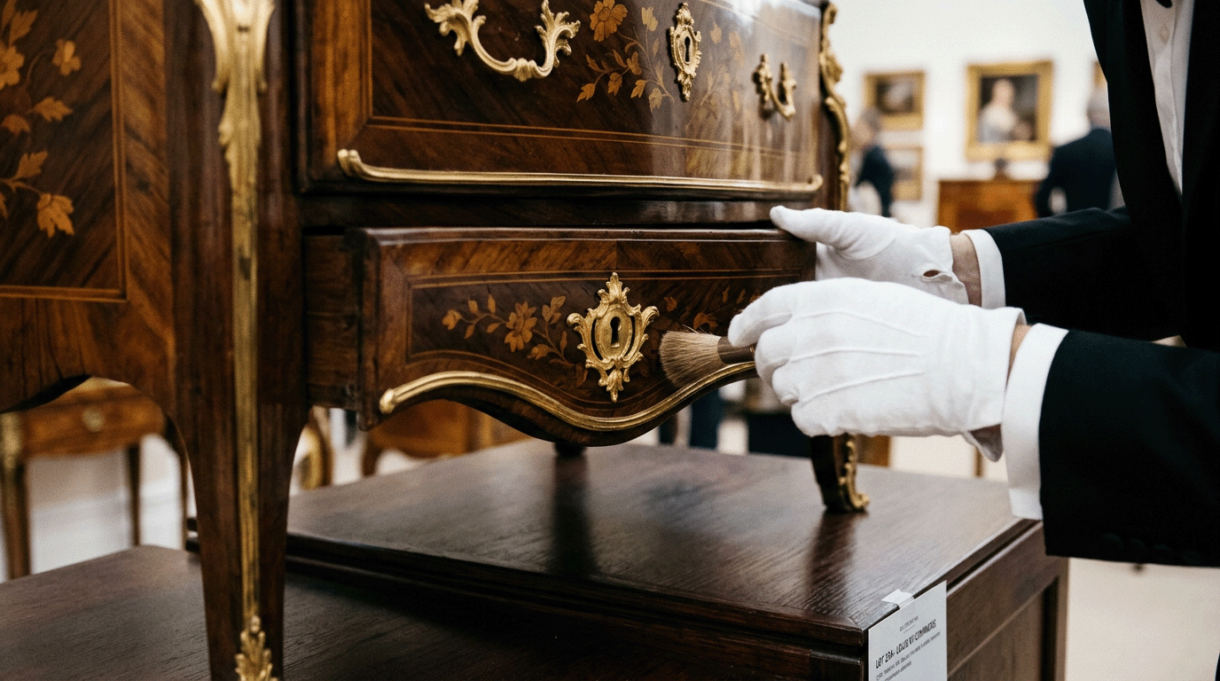 Specialist in white gloves inspecting hardware on an ornate antique cabinet at auction