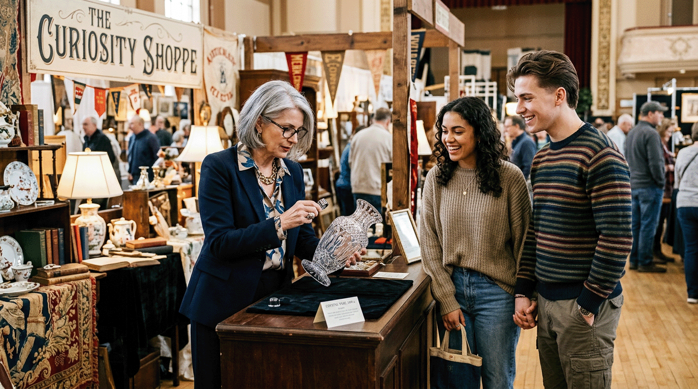 Specialist showing a cut crystal piece to visitors at an antique show