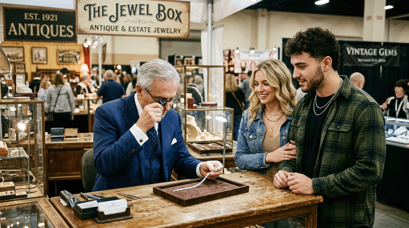Jeweler using a loupe to evaluate estate jewelry for a couple at an antique show