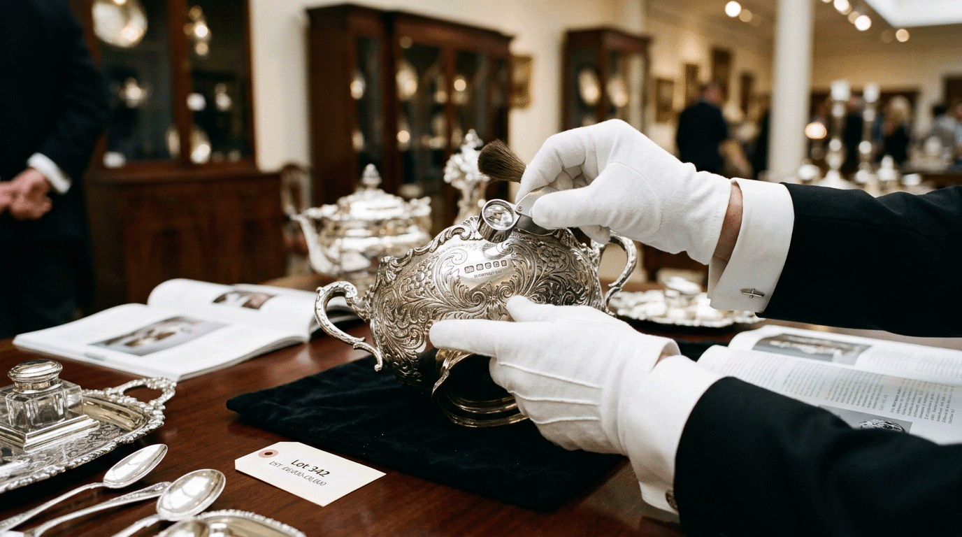 Specialist in white gloves examining an ornate sterling silver tea service at auction