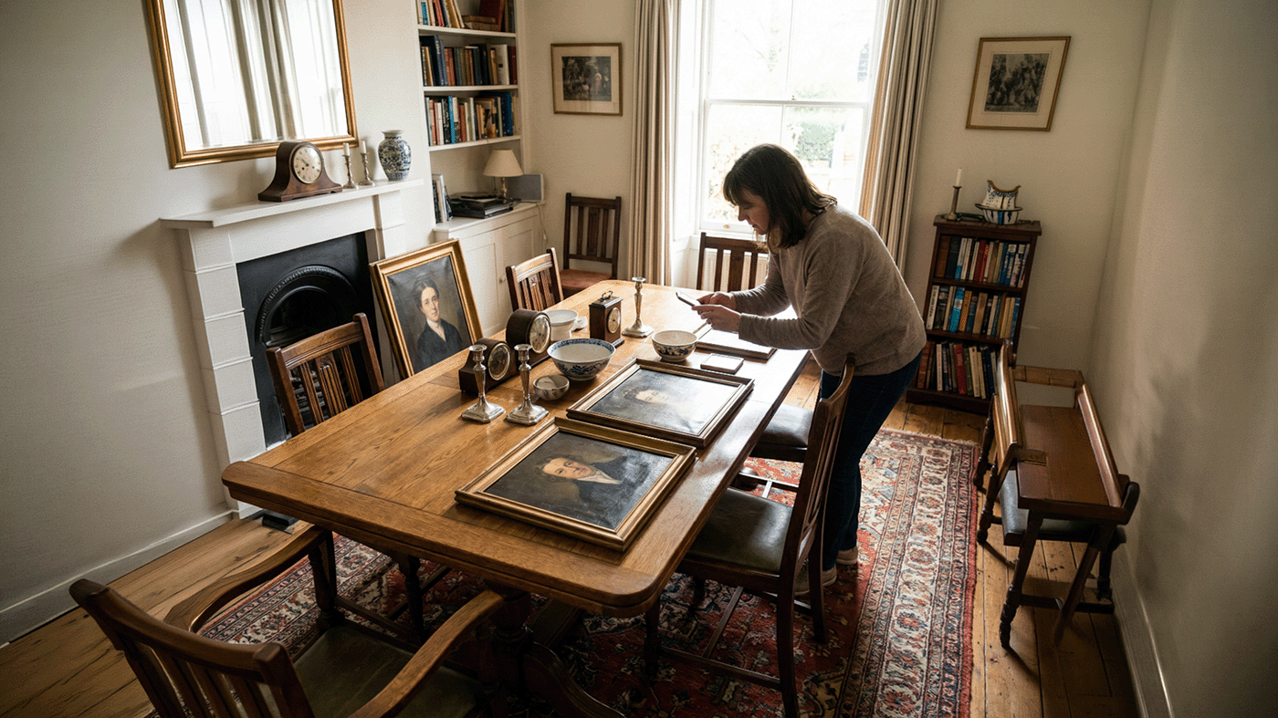 Woman reviewing inherited paintings and artwork laid out on a dining table