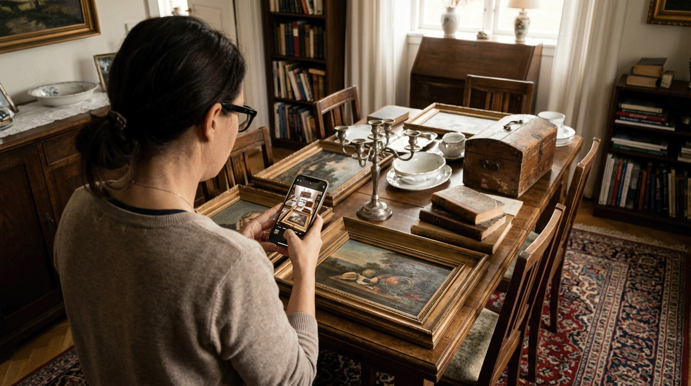 Woman photographing inherited paintings and estate items with her phone